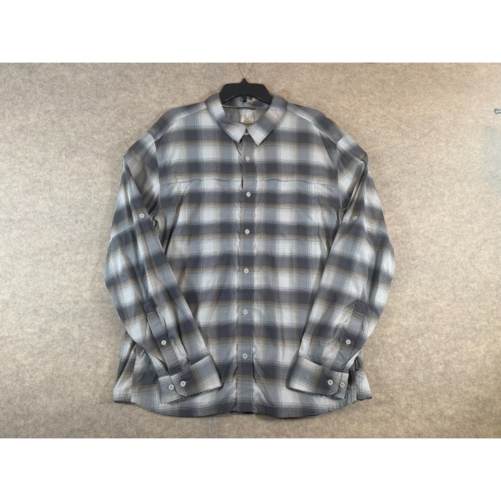 REI‎ Co-op Mens Sahara Plaid Hiking Shirt Grey Large Long Sleeve Small Pull